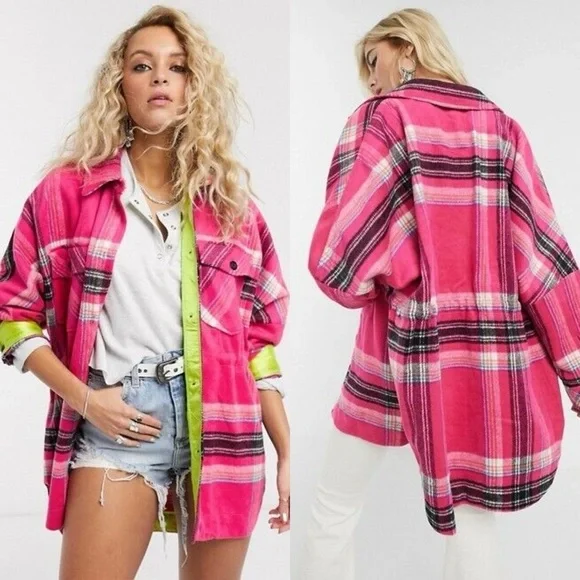 Free People / Down For You Plaid Shirt Jacket Pink - Picture 3 of 10